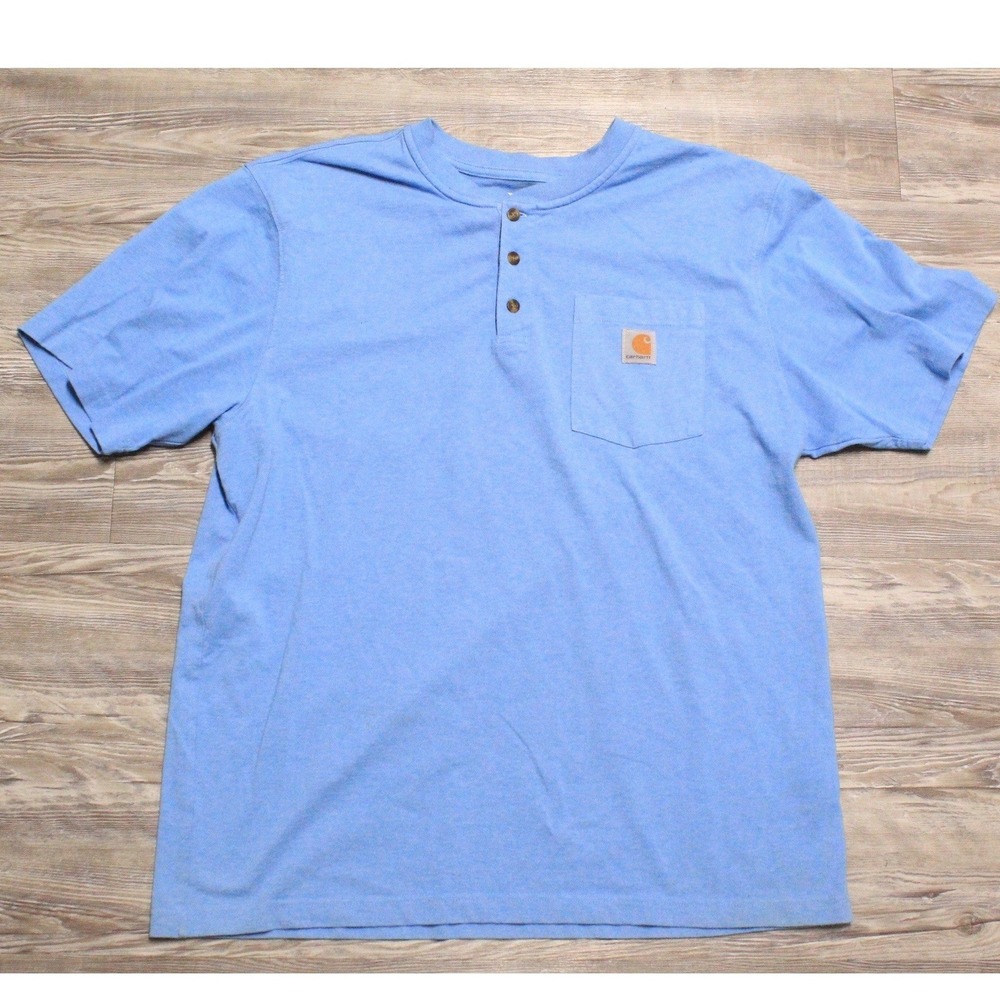 Carhartt T-Shirt Mens Large Loose Fit Short Sleeve Henley Pocket Blue